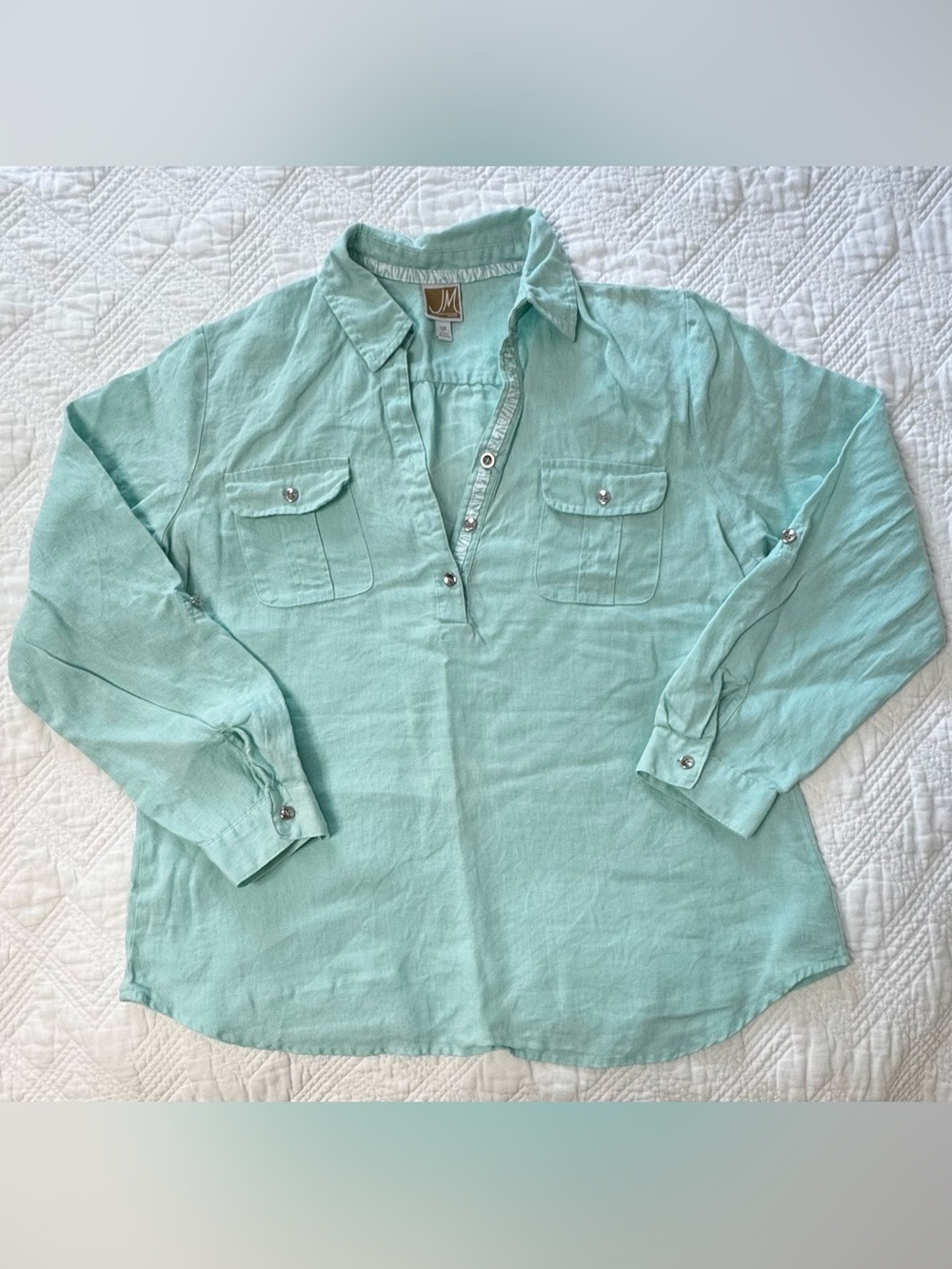 JM Collection Petite Light Aqua Mint Linen Button Popover Top Size 12P